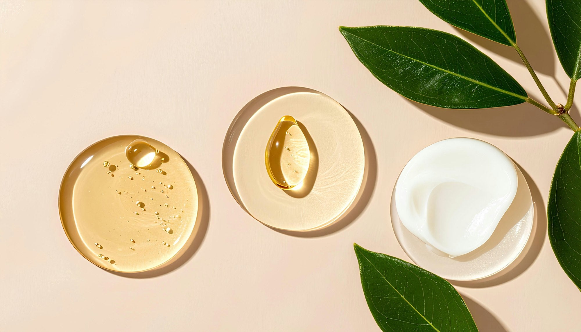 Produtos de skincare natural com folhas sobre fundo bege claro